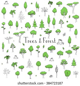 Hand drawn doodle Trees and Forest set. Vector illustration Plant icons Forest concept elements. Isolated silhouette nature symbols collection. Clipart design. Leaf Fir Ever green Branch Stump