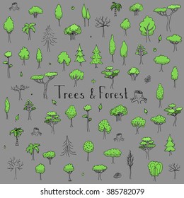 Hand drawn doodle Trees and Forest set. Vector illustration Plant icons Forest concept elements. Isolated silhouette nature symbols collection. Clipart design. Leaf Fir Ever green Branch Stump