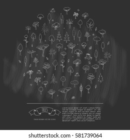 Hand drawn doodle Trees and Forest set Vector illustration tree icons Forest concept elements Isolated silhouette symbols collection Nature Plant clipart design Leaf Fir Ever green Branch Stump Palm