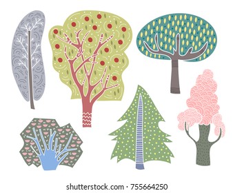 Hand drawn doodle trees. Graphic vector set. Every tree is isolated