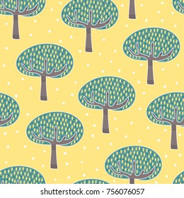 Hand drawn doodle trees. Graphic vector seamless pattern. Yellow background