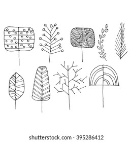 Hand drawn doodle trees set. Vector illustration.
