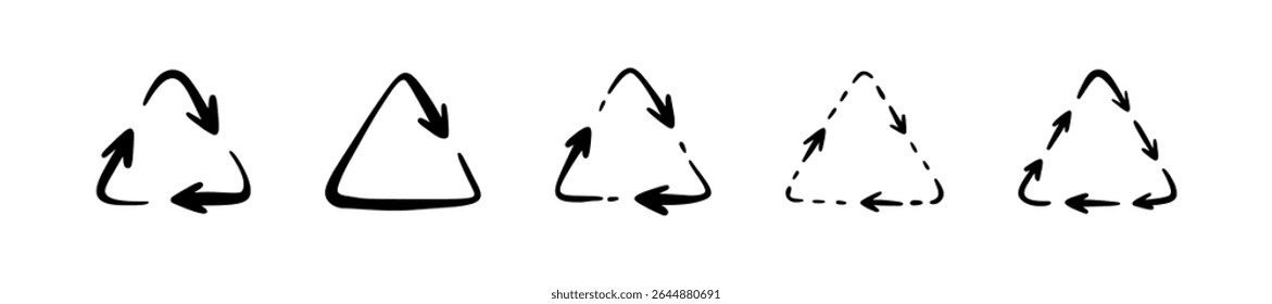 Hand drawn doodle triangle recycle symbol set. Paper, plastic, garbage, waste reuse handwriting icon sign. Crayon scribble grunge vector illustration. Eco-friendly project design element. Cycle arrow