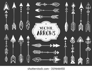 Hand Drawn Doodle Tribal Arrows. Hipster style. Vintage ethnic indian arrows drawn by hand. Traditional hunting weapon or design element for cards, invitations and prints.