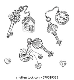 Hand drawn doodle trinkets and keys - Vector Vintage set