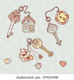 Hand drawn doodle trinkets and keys - Vector Vintage set