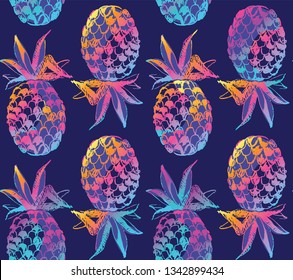 Hand drawn doodle tropical fruit pattern background - pineapple