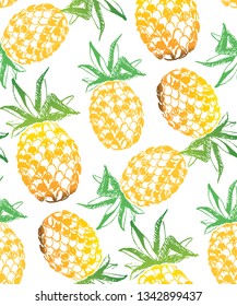 Hand drawn doodle tropical fruit pattern background - pineapple