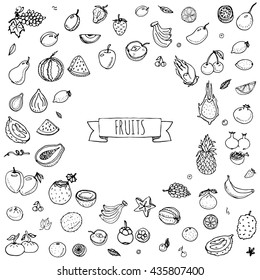 Hand drawn doodle tropical fruits icons set. Vector illustration seasonal berry symbols collection Cartoon different kinds of sweet vegan food Isolated on white background Sketch style