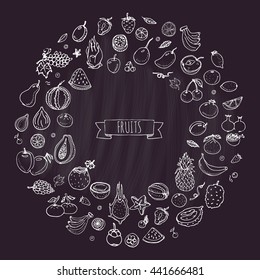 Hand drawn doodle tropical fruits icons set. Vector illustration seasonal berry symbols collection Cartoon different kinds of sweet vegan food Isolated on chalkboard background Sketch style