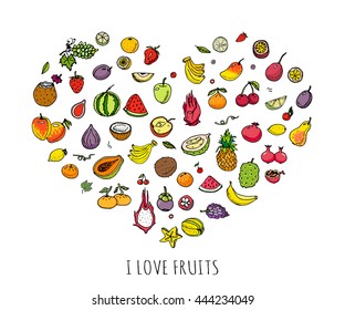 Hand drawn doodle tropical fruits icons set. Vector illustration seasonal berry symbols collection Cartoon different kinds of sweet vegan food Isolated on white background Sketch style