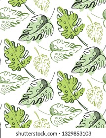 Hand drawn doodle tropical leaf pattern background