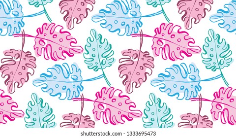Hand drawn doodle tropical leaf pattern background