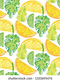 Hand drawn doodle tropical leaf pattern background