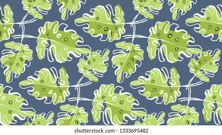 Hand drawn doodle tropical leaf pattern background
