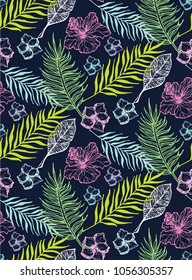 Hand drawn doodle tropical leaves pattern