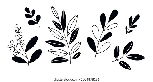Hand drawn doodle tropical leaves set isolated on white background. Simple doodle style.	