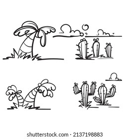 hand drawn doodle tropical summer plant tree coconut palm and cactus illustration vector isolated