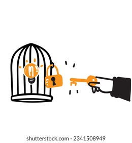 hand drawn doodle trying to release light bulb idea under lock illustration