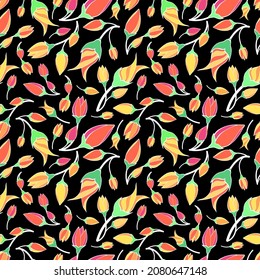 Hand drawn doodle tulip flower irregular seamless pattern. Red, orange, yellow, pink floral motifs random repeat surface design. Endless texture on black background for textile, stationery, gift paper