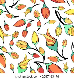 Hand drawn doodle tulip flowers irregular seamless pattern. Red, orange and yellow floral motifs random repeat surface design. Endless texture on white background for textile, stationery or gift paper