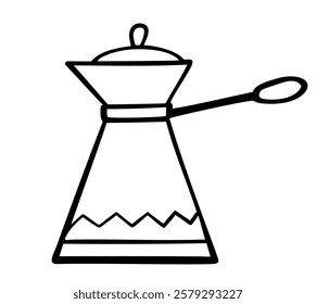 Hand drawn doodle Turkish coffee pot isolated on white background. Vector illustration. Kitchen utensil for brewing coffee.