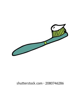 Hand drawn doodle turquoise toothbrush with white toothpaste. Vector clipart.