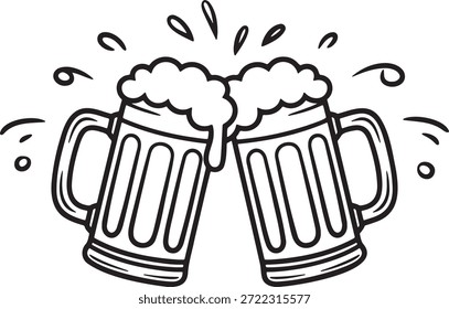 Dibujado a mano doodle dos tazas de cerveza tostado aislado. Ilustración de boceto de celebración, amistad y hora feliz. Dibujo de contorno en blanco y negro que representa vítores, bebidas y reuniones sociales. Perfecto para diseños relacionados con fiestas, pubs y eventos de bebidas.