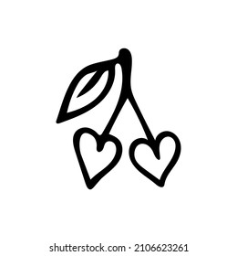Hand drawn doodle two cherry hearts. Vector cute berries. Outline.