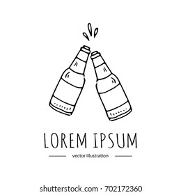 Hand drawn doodle two glass beer bottles icon with splashes. Vector illustration. Cartoon Craft Beer production symbol. Sketchy brewing element for pub equipment, beer bar isolated on white background