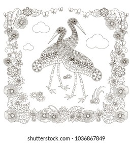 Hand drawn doodle two storks in flower frame, black and white anti stress stock vector illustration for coloring page, for print, for web