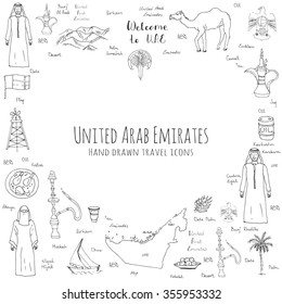 Hand drawn doodle UAE set Vector illustration Sketchy Emirati food icons United Arab Emirates elements Arabic Dubai Abu Dhabi Camel Oil Abaya Hijab Kandura Muslim Travel icons Welcome to Emirates