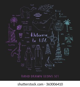 Hand drawn doodle UAE set Vector illustration Sketchy Emirati food icons United Arab Emirates elements Flag Dubai Abu Dhabi building in Dubai building in Dubai Camel Oil Abaya Hijab Kandura Muslim Travel icons