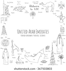 Hand drawn doodle UAE set Vector illustration Sketchy Emirati food icons United Arab Emirates elements Arabic Dubai Abu Dhabi Camel Oil Abaya Hijab Kandura Muslim Travel icons