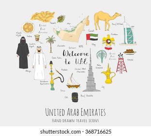 Hand drawn doodle UAE set Vector illustration Sketchy Emirati food icons United Arab Emirates elements Flag Dubai Abu Dhabi building in Dubai building in Dubai Camel Oil Abaya Hijab Kandura Muslim Travel icons