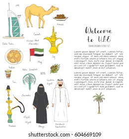 Hand drawn doodle UAE set Vector illustration Sketchy Emirati food icons United Arab Emirates elements Flag Dubai Abu Dhabi building in Dubai building in Dubai Camel Oil Abaya Hijab Kandura Muslim Travel icons