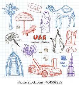 Hand drawn doodle UAE travel set. Sketchy Icons set with food icons United Arab Emirates elements, Flag Dubai, Camel, Oil. Muslim Travel  Collection.Isolated vector illustration.