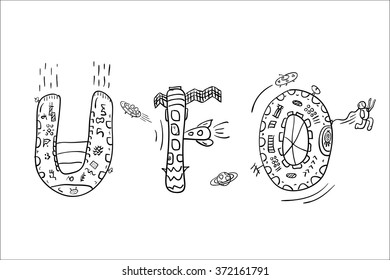 Hand drawn doodle UFO abbreviation with space objects