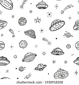 Hand drawn Doodle UFO. Space Seamless Pattern for Kids. Vector Background with UFOs, Planets, Stars and Comets