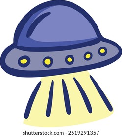 Hand drawn doodle of  UFO space ship. Colored vector Cartoon Outline Alien space ship with light beam