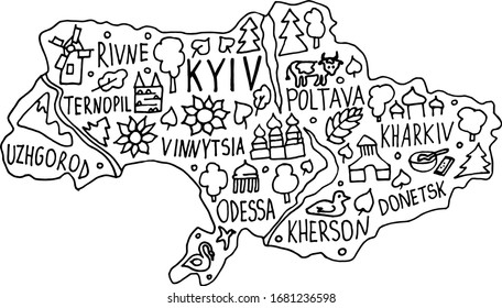 Handgezeichnete Doodle Ukraine Karte. Ukrainische Stadt Namen Schriften und Cartoon Wahrzeichen, touristische Attraktionen Clipkunst. Reise-Comic Infografik Poster, Banner-Design. Kiew, Poltava, Odessa