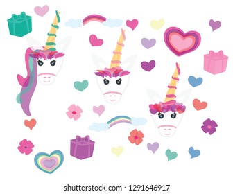 Hand drawn doodle Unicorn set, Unicorns, rainbows, hearts and flowers on White background