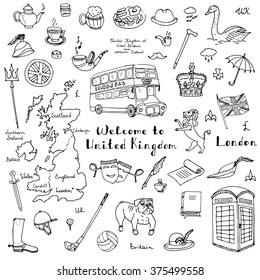 Hand drawn doodle United Kingdom set Vector illustration UK icons  Welcome to London elements British symbols collection Tea Bus Horse riding Golf Crown Beer Lion Bulldog Flag Britannia Pound sterling