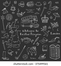 Hand drawn doodle United Kingdom set Vector illustration UK icons  Welcome to London elements British symbols collection Tea Bus Horse riding Golf Crown Beer Lion Bulldog Flag Britannia Pound sterling