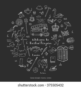 Hand drawn doodle United Kingdom set Vector illustration UK icons  Welcome to London elements British symbols collection Tea Bus Horse riding Golf Crown Beer Lion Bulldog Flag Britannia Pound sterling