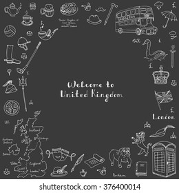Hand drawn doodle United Kingdom set Vector illustration UK icons  Welcome to London elements British symbols collection Tea Bus Horse riding Golf Crown Beer Lion Bulldog Flag Britannia Pound sterling