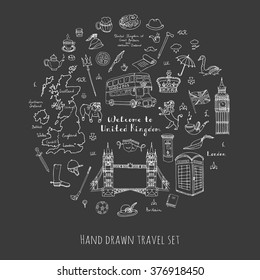 Hand drawn doodle United Kingdom set Vector illustration UK icons  Welcome to London elements British symbols collection Tea Bus Horse riding Golf Crown Beer Lion Bulldog London bridge Big Ben Tower