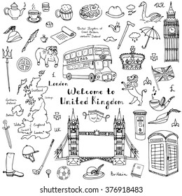 Hand drawn doodle United Kingdom set Vector illustration UK icons  Welcome to London elements British symbols collection Tea Bus Horse riding Golf Crown Beer Lion Bulldog London bridge Big Ben Tower