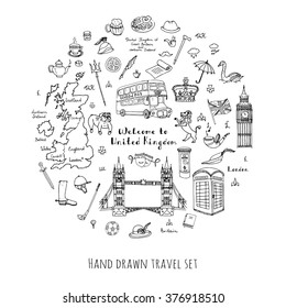 Hand drawn doodle United Kingdom set Vector illustration UK icons  Welcome to London elements British symbols collection Tea Bus Horse riding Golf Crown Beer Lion Bulldog London bridge Big Ben Tower