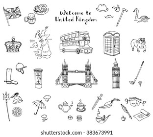 Hand drawn doodle United Kingdom set Vector illustration UK icons  Welcome to London elements British symbols collection Tea Bus Horse riding Golf Crown Beer Book Bulldog London bridge Big Ben Tower